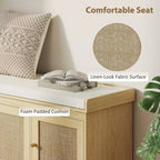 Banc de rangement pour chaussures de style campagnard avec portes en rotin tressé, petit banc d'entrée avec coussin amovible en lin pour petits espaces - Panipeachy
