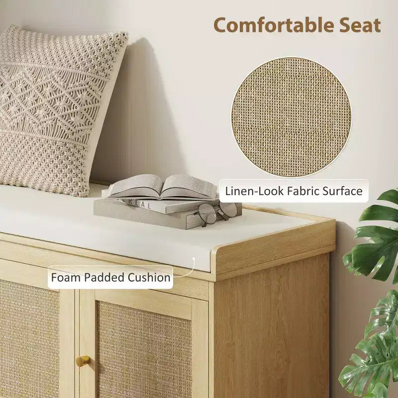 Banc de rangement pour chaussures de style campagnard avec portes en rotin tressé, petit banc d'entrée avec coussin amovible en lin pour petits espaces - Panipeachy