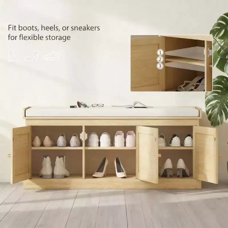 Banc de rangement pour chaussures de style campagnard avec portes en rotin tressé, petit banc d'entrée avec coussin amovible en lin pour petits espaces - Panipeachy
