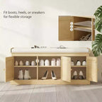 Banc de rangement pour chaussures de style campagnard avec portes en rotin tressé, petit banc d'entrée avec coussin amovible en lin pour petits espaces - Panipeachy