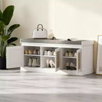 Banc de rangement pour chaussures de style campagnard avec portes en rotin tressé, petit banc d'entrée avec coussin amovible en lin pour petits espaces - Panipeachy