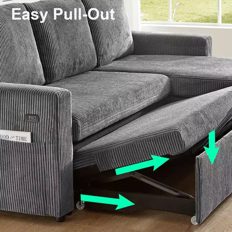 Canapé convertible Dyonery - Canapé-lit gigogne 2 en 1 avec chaise de rangement pour salon, canapé sectionnel en velours côtelé avec ports USB, assemblage sans outils