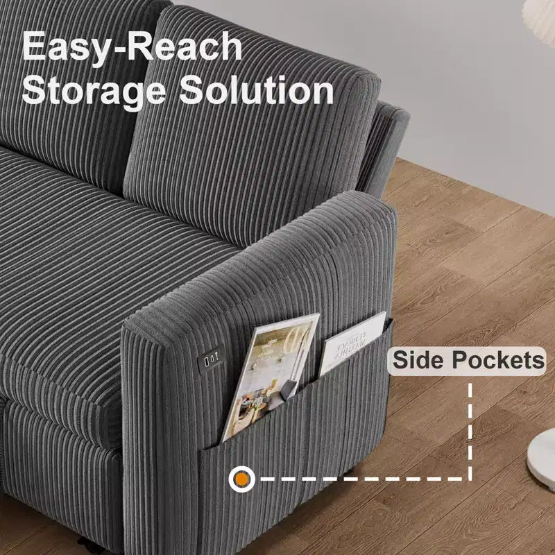 Canapé convertible Dyonery - Canapé-lit gigogne 2 en 1 avec chaise de rangement pour salon, canapé sectionnel en velours côtelé avec ports USB, assemblage sans outils