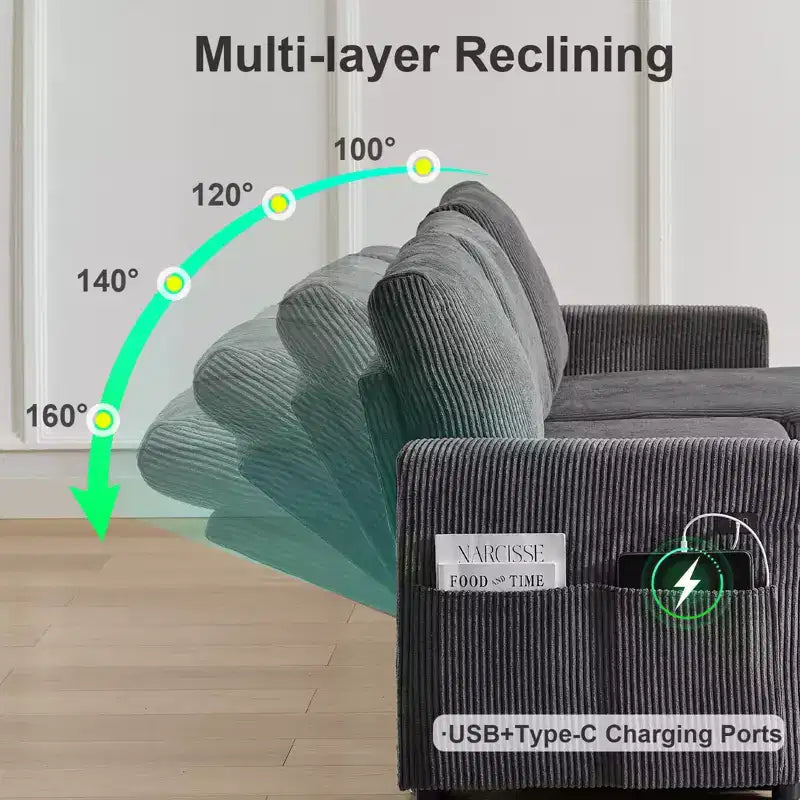 Canapé convertible Dyonery - Canapé-lit gigogne 2 en 1 avec chaise de rangement pour salon, canapé sectionnel en velours côtelé avec ports USB, assemblage sans outils