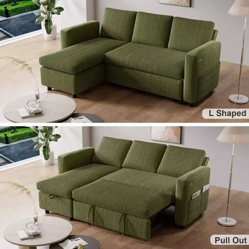 Canapé convertible Dyonery - Canapé-lit gigogne 2 en 1 avec chaise de rangement pour salon, canapé sectionnel en velours côtelé avec ports USB, assemblage sans outils