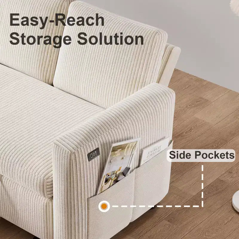 Canapé convertible Dyonery - Canapé-lit gigogne 2 en 1 avec chaise de rangement pour salon, canapé sectionnel en velours côtelé avec ports USB, assemblage sans outils