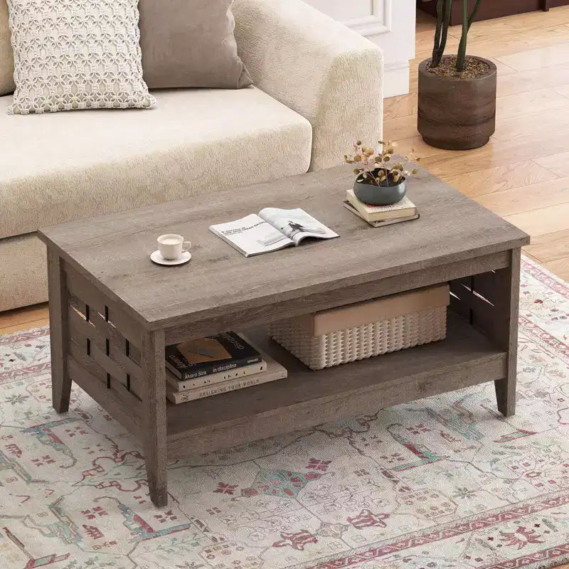 Costway Table Basse à 2 Niveaux de 39,5 po avec Étagère Ouverte, Décorations Tressées, Rangement pour Salon Marron/Chêne Rustique