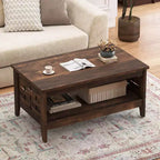 Costway Table Basse à 2 Niveaux de 39,5 po avec Étagère Ouverte, Décorations Tressées, Rangement pour Salon Marron/Chêne Rustique