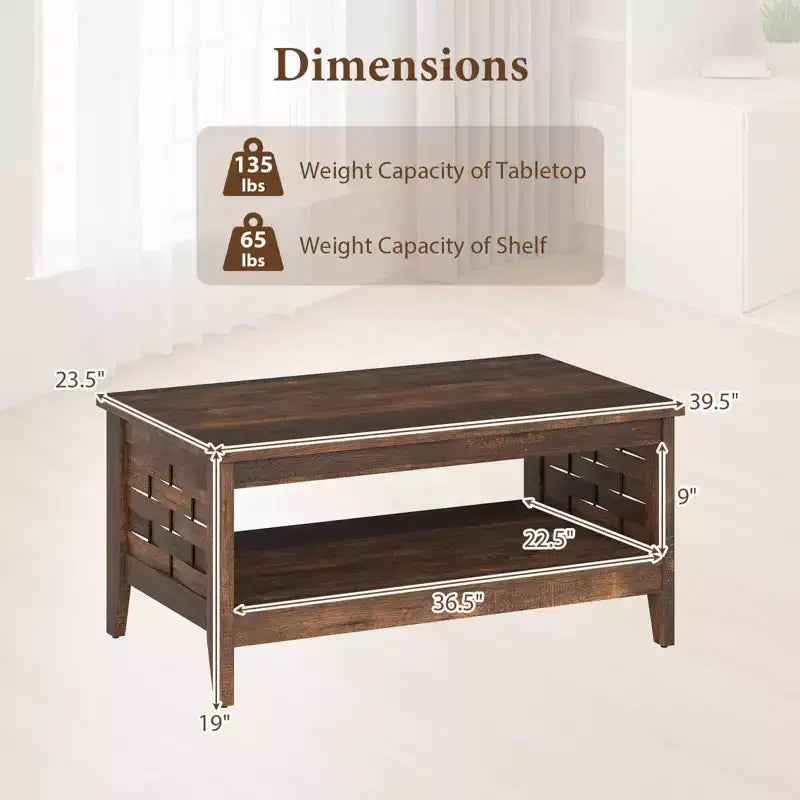 Costway Table Basse à 2 Niveaux de 39,5 po avec Étagère Ouverte, Décorations Tressées, Rangement pour Salon Marron/Chêne Rustique