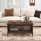 Costway Table Basse à 2 Niveaux de 39,5 po avec Étagère Ouverte, Décorations Tressées, Rangement pour Salon Marron/Chêne Rustique