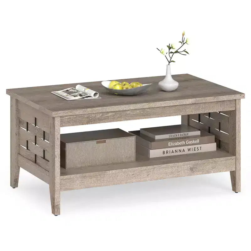Costway Table Basse à 2 Niveaux de 39,5 po avec Étagère Ouverte, Décorations Tressées, Rangement pour Salon Marron/Chêne Rustique