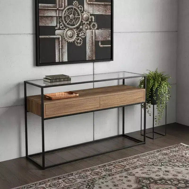 HomeRoots Table Console avec Rangement et Cadre en Verre Transparent et Noir 48
