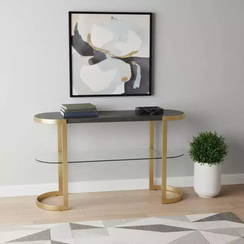 HomeRoots Table console traîneau ovale avec rangement, en bois massif, 49 po, gris et or