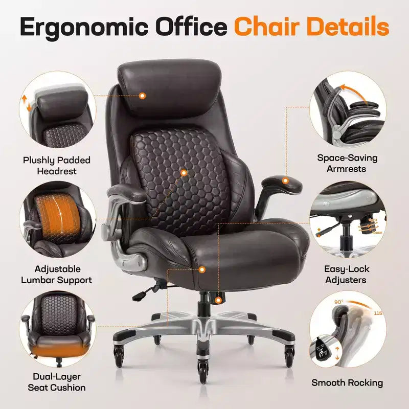 Chaise de bureau ergonomique Ora Maison, dossier haut en cuir avec support à ressort et accoudoirs relevables
