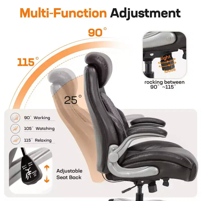 Chaise de bureau ergonomique Ora Maison, dossier haut en cuir avec support à ressort et accoudoirs relevables