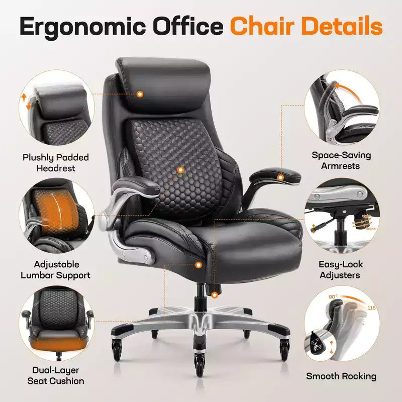 Chaise de bureau ergonomique Ora Maison, dossier haut en cuir avec support à ressort et accoudoirs relevables