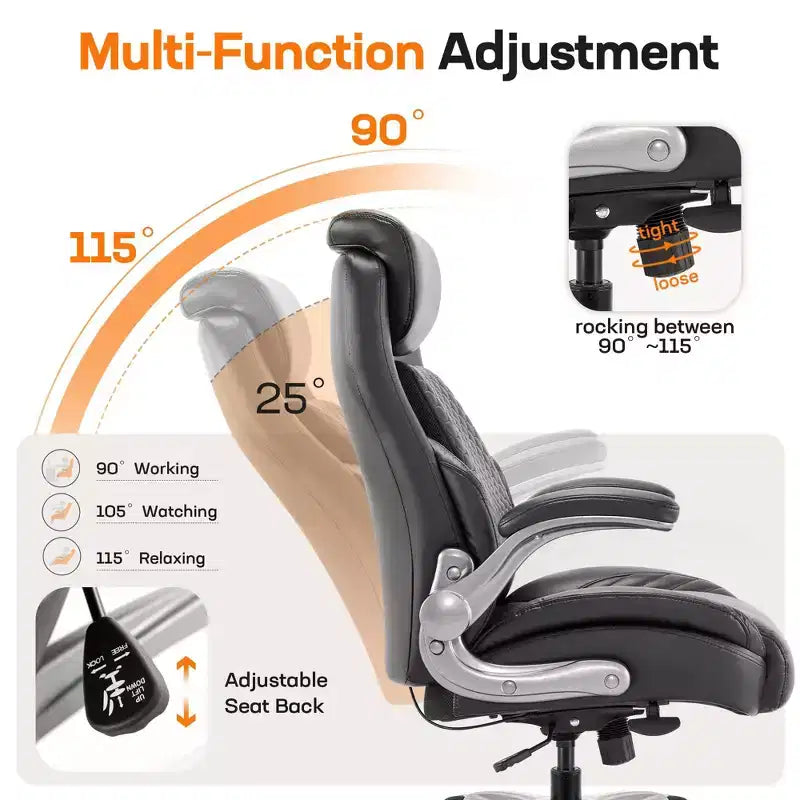 Chaise de bureau ergonomique Ora Maison, dossier haut en cuir avec support à ressort et accoudoirs relevables