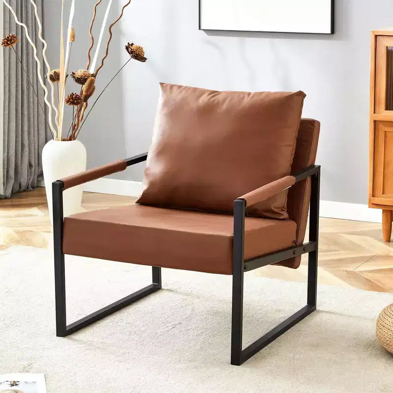 Ora Maison Classic PU Leather Accent Chair  Ergonomic Modern Industrial Chair with Sturdy Metal Frame for Living Room & Office, Brown