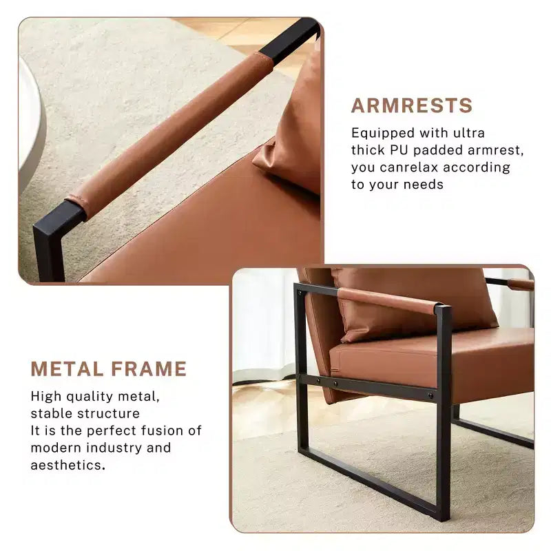 Fauteuil d'appoint Ora Maison Classic en cuir PU - Chaise ergonomique moderne industrielle avec cadre en métal robuste pour salon et bureau, marron