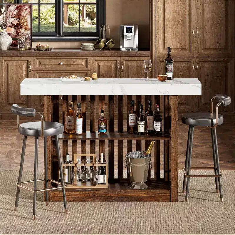Table de bar comptoir moderne de 63 po avec étagères de rangement à 2 niveaux - Table de salle à manger robuste pour restaurant, bistrot ou salon - 4-8 places assises