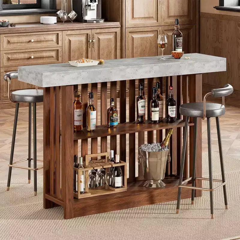 Table de bar comptoir moderne de 63 po avec étagères de rangement à 2 niveaux - Table de salle à manger robuste pour restaurant, bistrot ou salon - 4-8 places assises