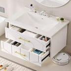 Meuble-lavabo flottant 30 po avec vasque – Vasque en céramique, 2 tiroirs à fermeture amortie avec poignées dorées, assemblage facile