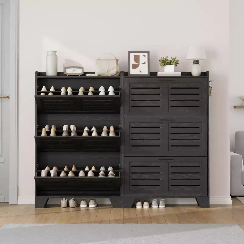 Meuble à chaussures avec 3 tiroirs basculants, meuble de rangement à chaussures autoportant pour entrée avec 2 crochets latéraux, meuble à chaussures fin et étroit dissimulé