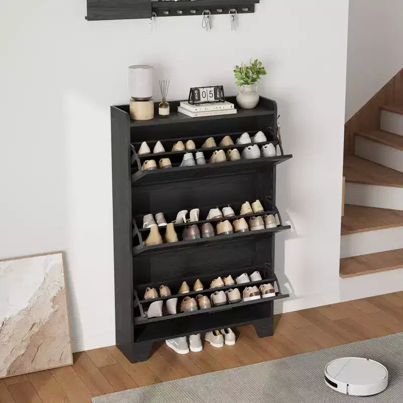 Meuble à chaussures avec 3 tiroirs basculants, meuble de rangement à chaussures autoportant pour entrée avec 2 crochets latéraux, meuble à chaussures fin et étroit dissimulé