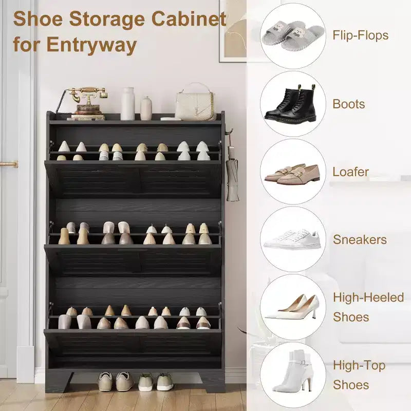 Meuble à chaussures avec 3 tiroirs basculants, meuble de rangement à chaussures autoportant pour entrée avec 2 crochets latéraux, meuble à chaussures fin et étroit dissimulé