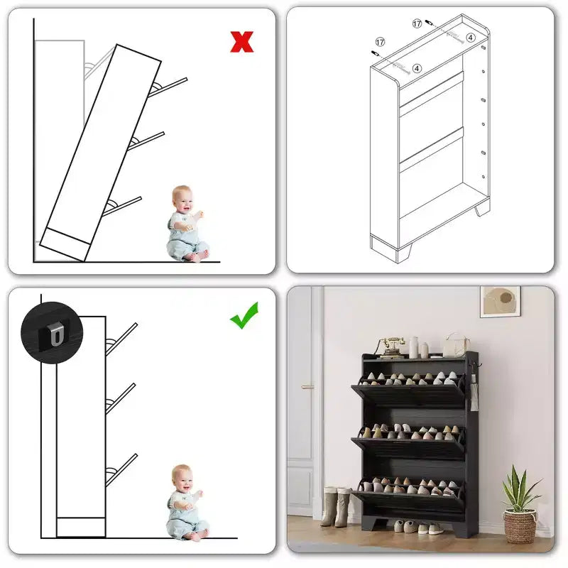 Meuble à chaussures avec 3 tiroirs basculants, meuble de rangement à chaussures autoportant pour entrée avec 2 crochets latéraux, meuble à chaussures fin et étroit dissimulé