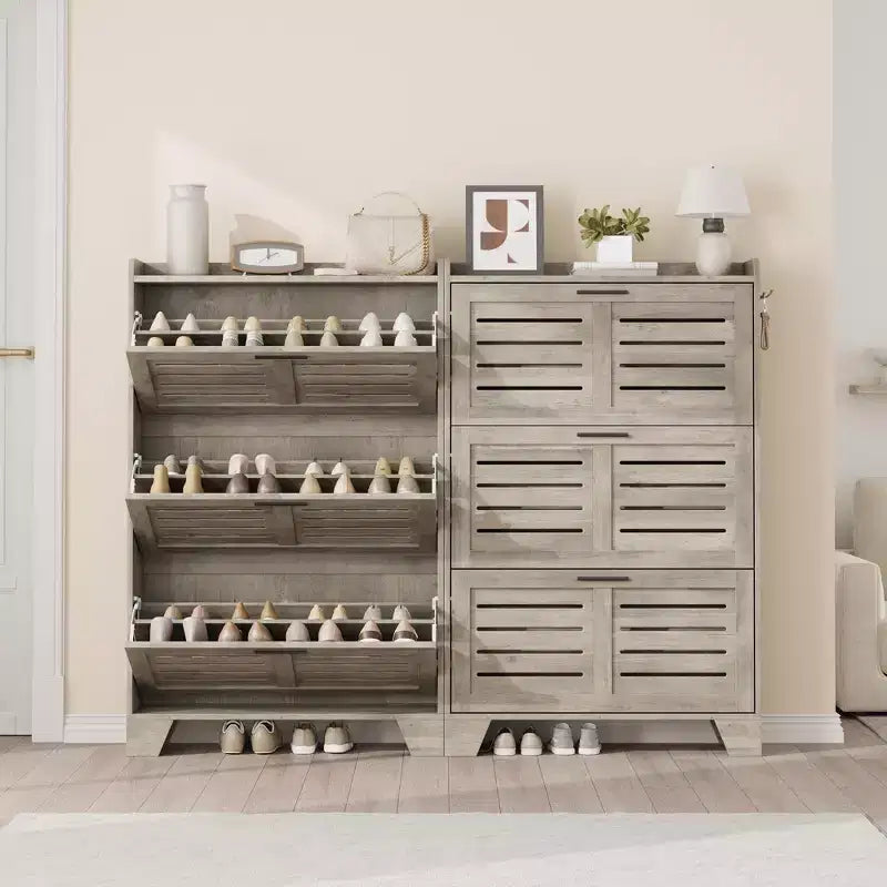 Meuble à chaussures avec 3 tiroirs basculants, meuble de rangement à chaussures autoportant pour entrée avec 2 crochets latéraux, meuble à chaussures fin et étroit dissimulé