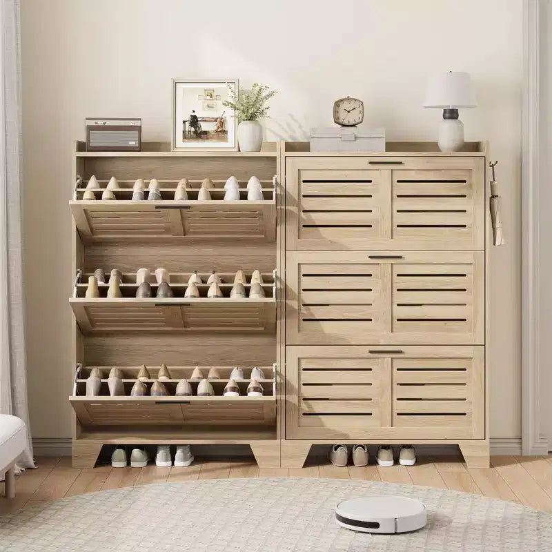 Meuble à chaussures avec 3 tiroirs basculants, meuble de rangement à chaussures autoportant pour entrée avec 2 crochets latéraux, meuble à chaussures fin et étroit dissimulé