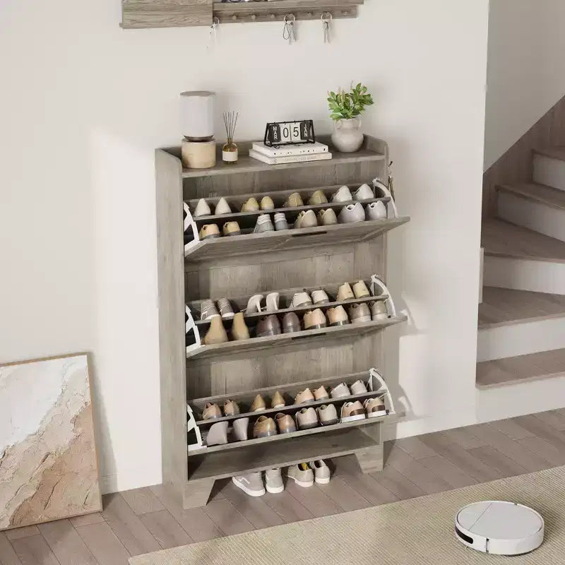 Meuble à chaussures avec 3 tiroirs basculants, meuble de rangement à chaussures autoportant pour entrée avec 2 crochets latéraux, meuble à chaussures fin et étroit dissimulé
