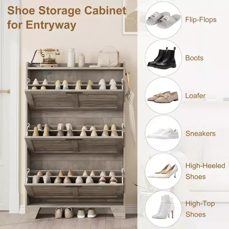 Meuble à chaussures avec 3 tiroirs basculants, meuble de rangement à chaussures autoportant pour entrée avec 2 crochets latéraux, meuble à chaussures fin et étroit dissimulé
