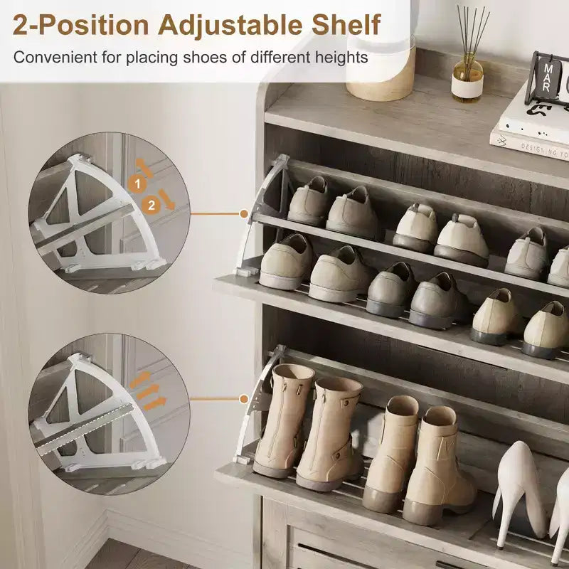 Meuble à chaussures avec 3 tiroirs basculants, meuble de rangement à chaussures autoportant pour entrée avec 2 crochets latéraux, meuble à chaussures fin et étroit dissimulé
