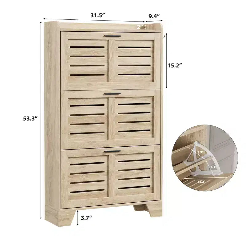 Meuble à chaussures avec 3 tiroirs basculants, meuble de rangement à chaussures autoportant pour entrée avec 2 crochets latéraux, meuble à chaussures fin et étroit dissimulé