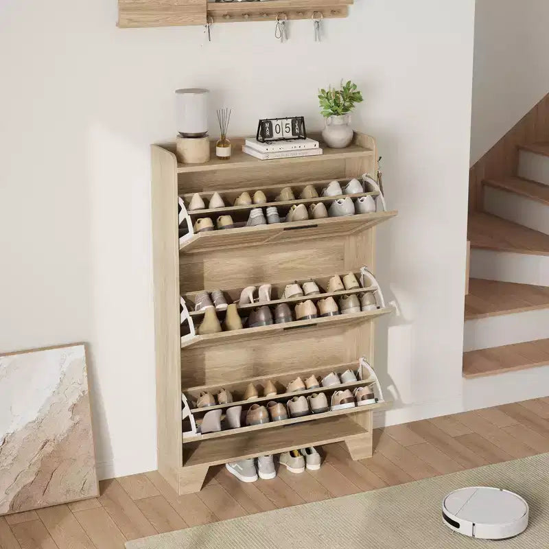Meuble à chaussures avec 3 tiroirs basculants, meuble de rangement à chaussures autoportant pour entrée avec 2 crochets latéraux, meuble à chaussures fin et étroit dissimulé
