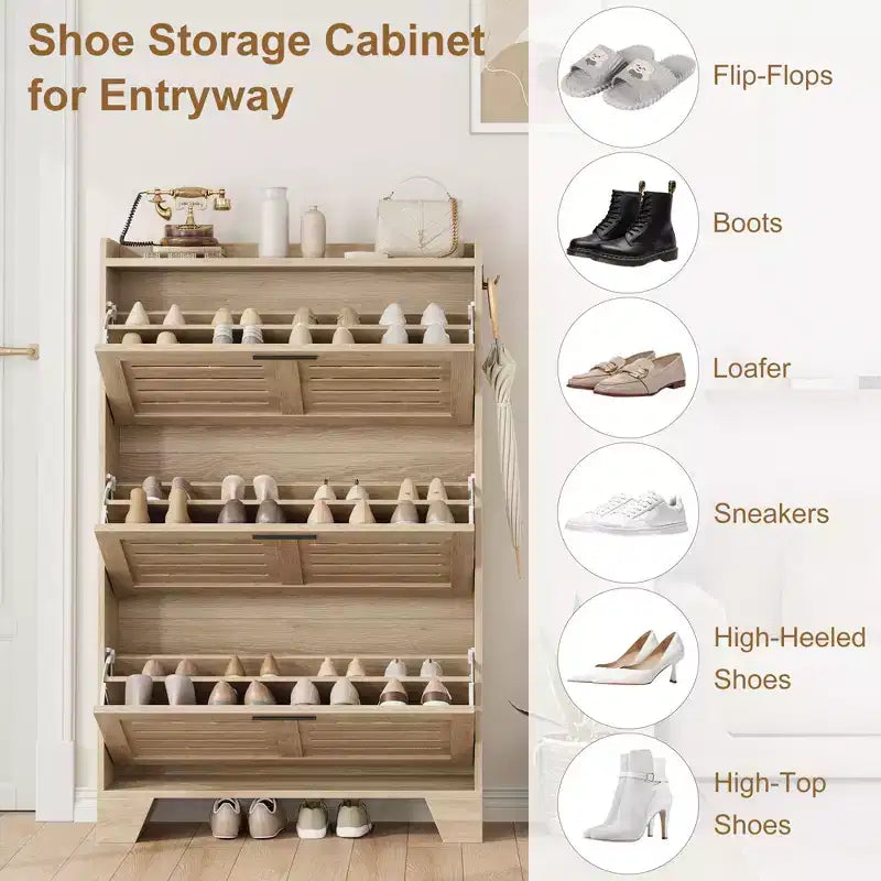 Meuble à chaussures avec 3 tiroirs basculants, meuble de rangement à chaussures autoportant pour entrée avec 2 crochets latéraux, meuble à chaussures fin et étroit dissimulé