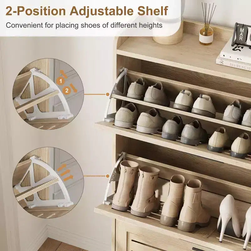 Meuble à chaussures avec 3 tiroirs basculants, meuble de rangement à chaussures autoportant pour entrée avec 2 crochets latéraux, meuble à chaussures fin et étroit dissimulé