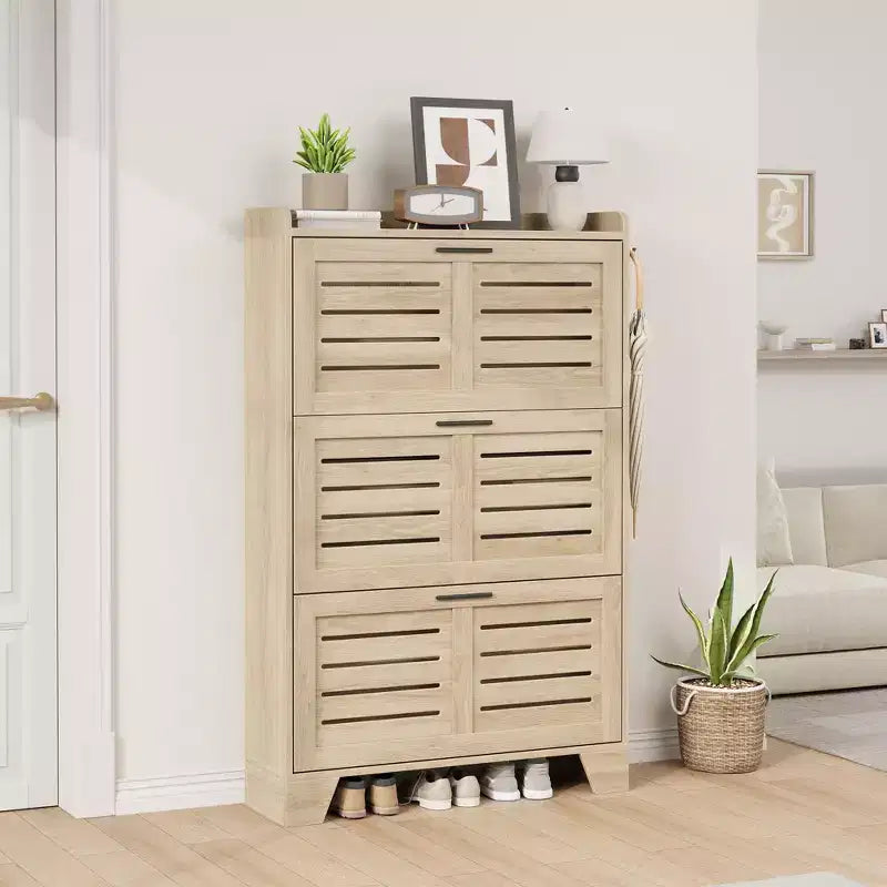 Meuble à chaussures avec 3 tiroirs basculants, meuble de rangement à chaussures autoportant pour entrée avec 2 crochets latéraux, meuble à chaussures fin et étroit dissimulé