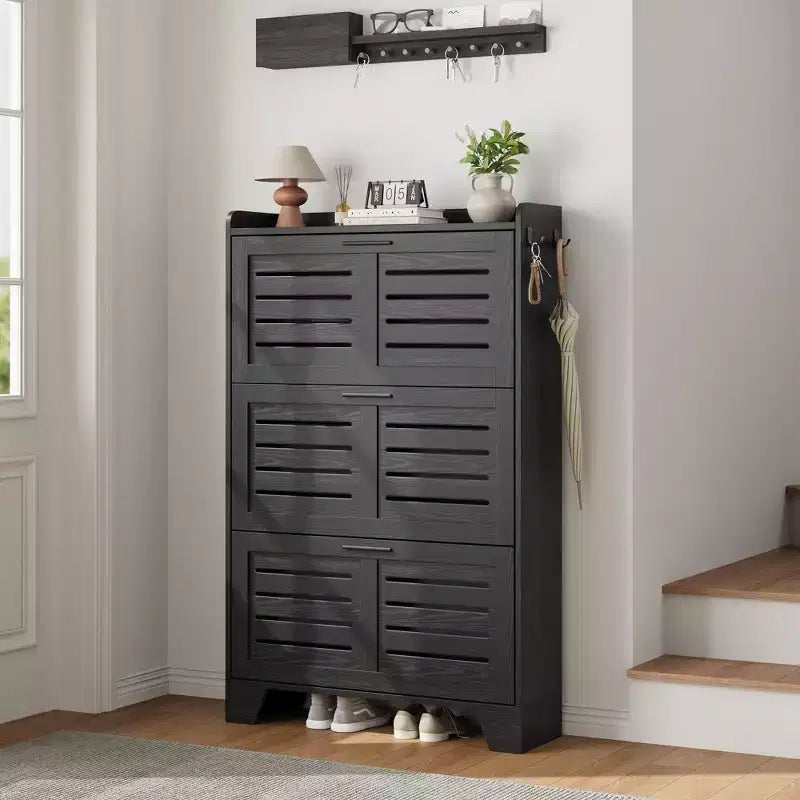 Meuble à chaussures avec 3 tiroirs basculants, meuble de rangement à chaussures autoportant pour entrée avec 2 crochets latéraux, meuble à chaussures fin et étroit dissimulé