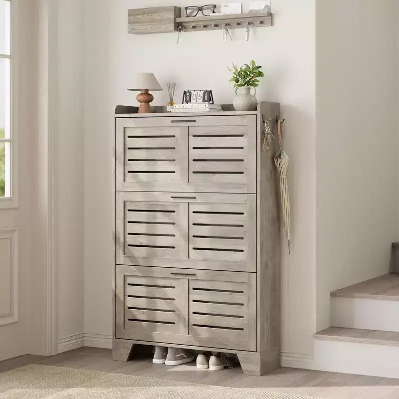 Meuble à chaussures avec 3 tiroirs basculants, meuble de rangement à chaussures autoportant pour entrée avec 2 crochets latéraux, meuble à chaussures fin et étroit dissimulé