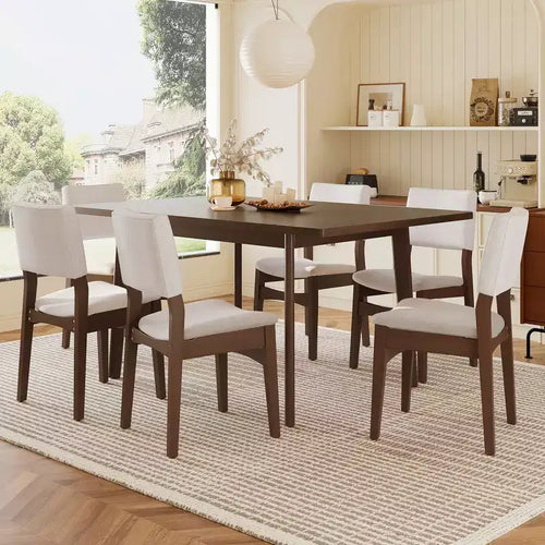 Ensemble de salle à manger moderne 7 pièces avec table en bois massif de 152 cm et 6 chaises empilables