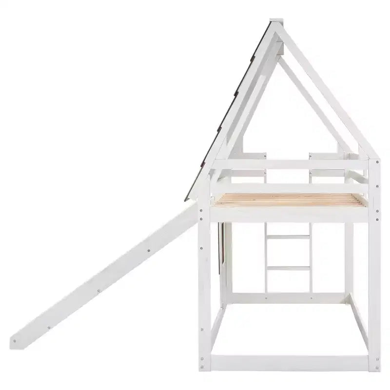 Lit superposé Whisen Twin House avec toit, fenêtre, barrières de sécurité et échelle intégrée (version améliorée) - Blanc et marron