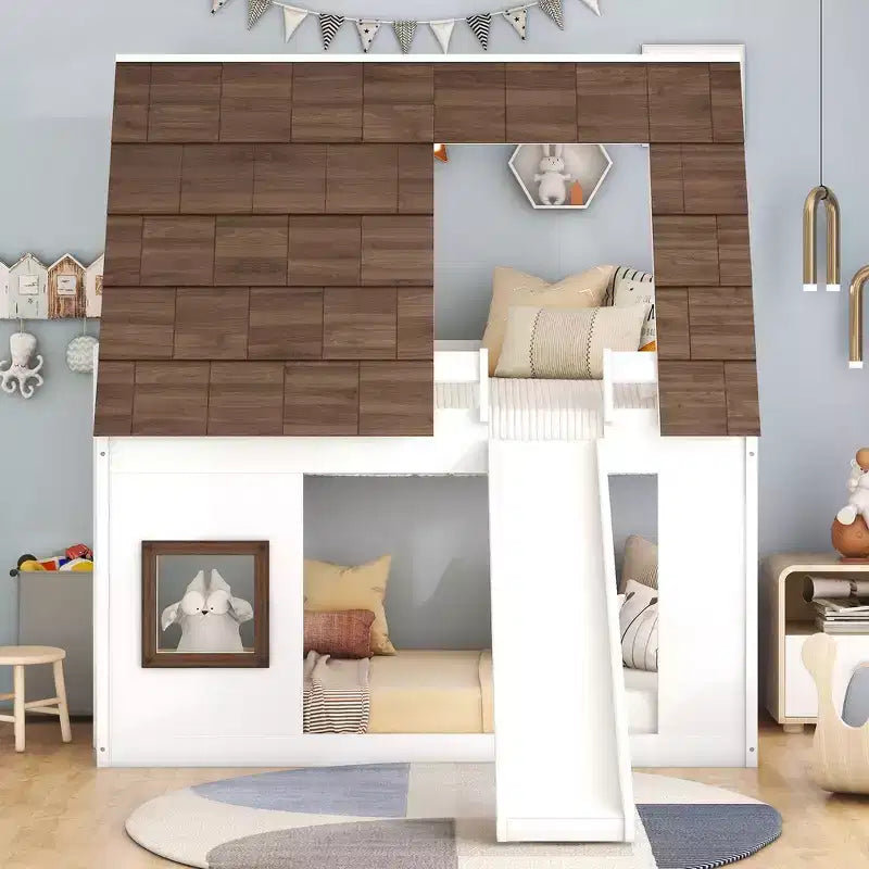 Lit superposé Whisen Twin House avec toit, fenêtre, barrières de sécurité et échelle intégrée (version améliorée) - Blanc et marron