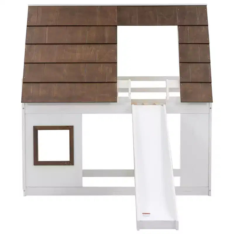 Lit superposé Whisen Twin House avec toit, fenêtre, barrières de sécurité et échelle intégrée (version améliorée) - Blanc et marron