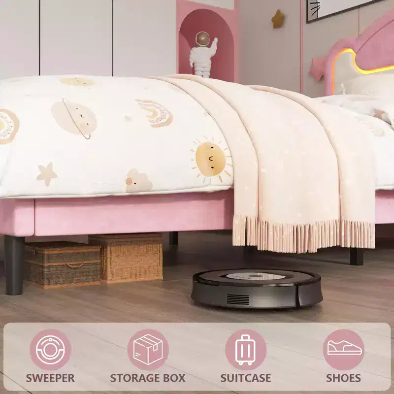 Cadre de lit double rembourré avec tête de lit en tissu, lit plateforme Princesse pour filles avec lattes en bois, aucun sommier tapissier requis