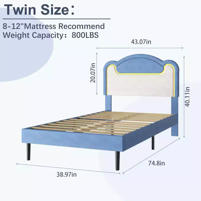 Cadre de lit double rembourré avec tête de lit en tissu, lit plateforme Princesse pour filles avec lattes en bois, aucun sommier tapissier requis