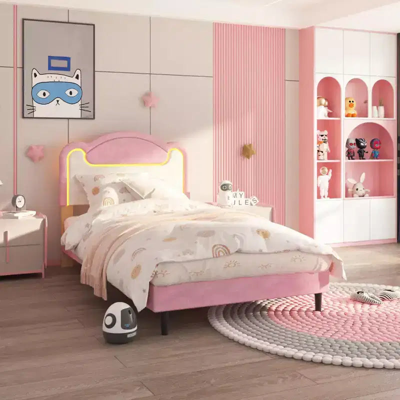 Cadre de lit double rembourré avec tête de lit en tissu, lit plateforme Princesse pour filles avec lattes en bois, aucun sommier tapissier requis