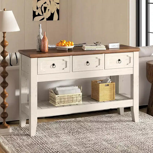 Console de 47 po de long, table de canapé étroite de style ferme avec tiroirs et étagère inférieure pour entrée de salon, blanc rustique